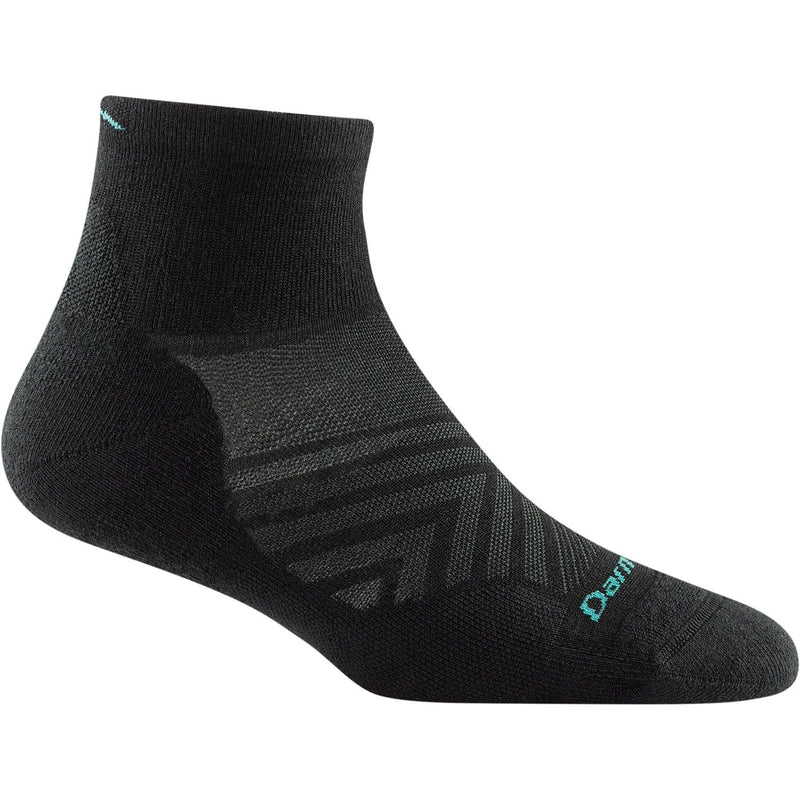 Load image into Gallery viewer, A black Darn Tough women's quarter running sock with cushion, featuring a fine gauge knitting texture and a small brand logo in teal color near the heel.