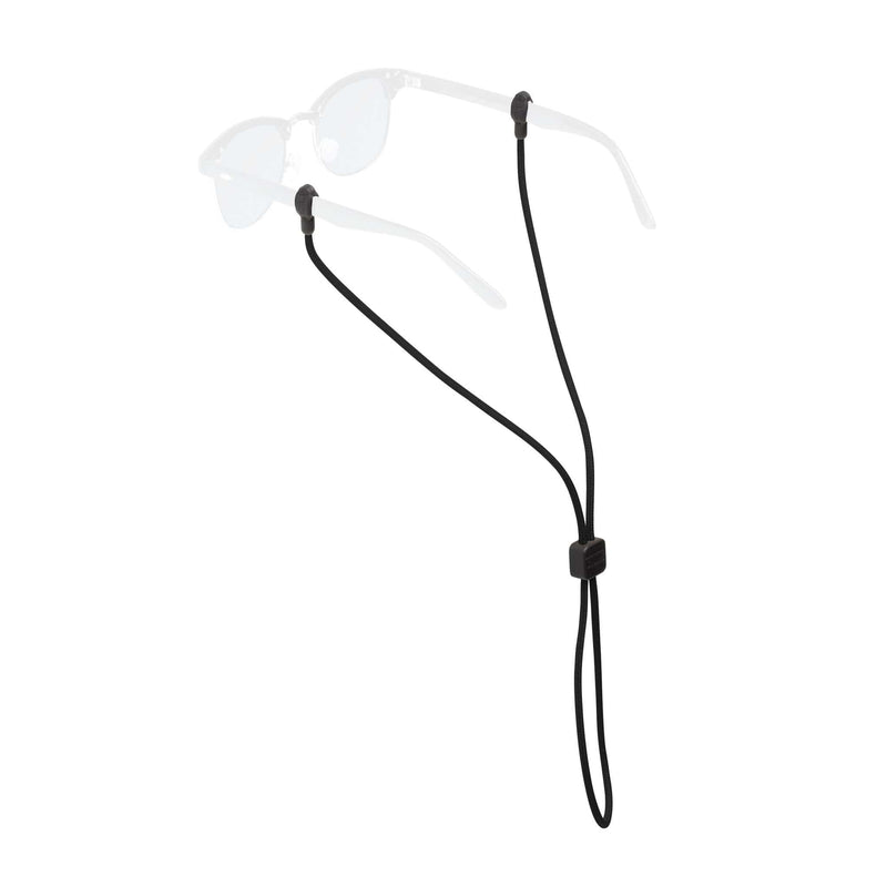 Load image into Gallery viewer, Black elastic sunglasses strap with a quick-release toggle, shown holding a pair of clear-lens sunglasses against a white background.