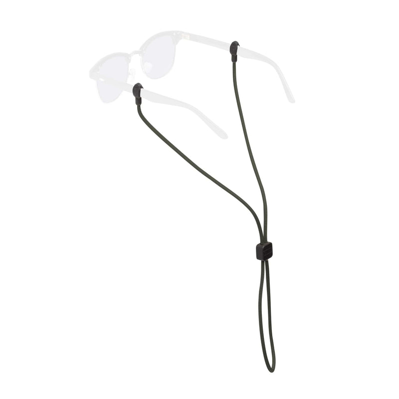 Load image into Gallery viewer, Black elastic sunglasses strap with a quick-release toggle, shown holding a pair of clear-lens sunglasses against a white background.