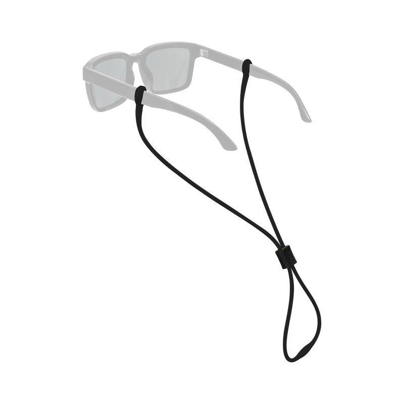 Load image into Gallery viewer, Black elastic sunglasses strap with a toggle clasp, shown attached to the arms of translucent gray sunglasses on a plain white background.