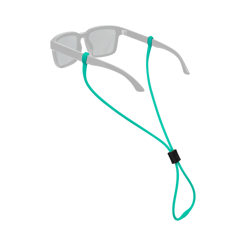 Load image into Gallery viewer, A pair of translucent gray sunglasses with a bright teal adjustable chin strap and a small black slider, shown on a plain white background.