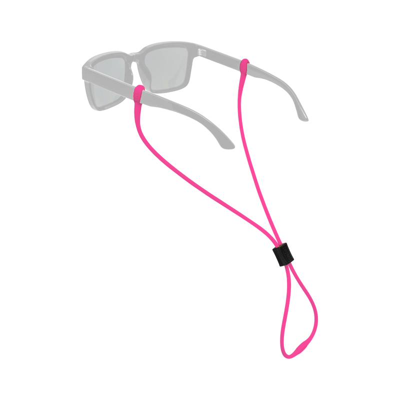 Load image into Gallery viewer, A pair of light gray sunglasses with a bright pink adjustable neck strap and a small black slider, shown on a plain white background.