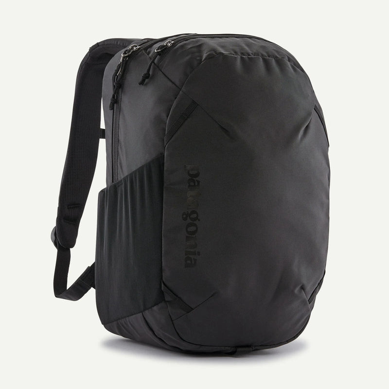 Load image into Gallery viewer, Black backpack with patagonia logo on a white background