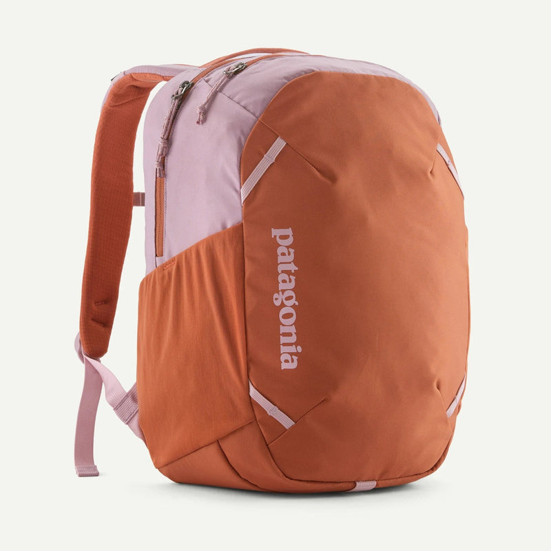 Load image into Gallery viewer, Orange and pink backpack with 'Patagonia' logo on a white background