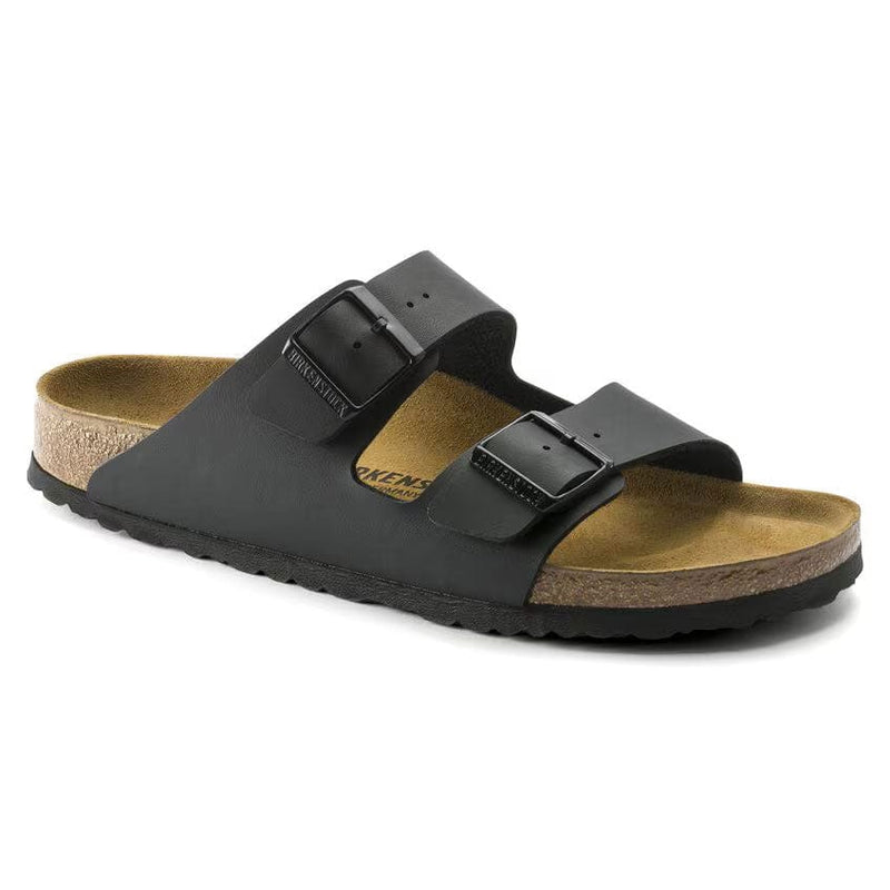 Load image into Gallery viewer, Black sandal with cork footbed on a white background