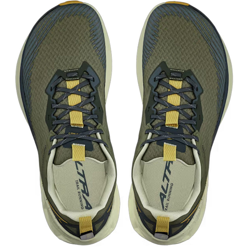 Load image into Gallery viewer, Pair of green and gray running shoes with yellow accents on a white background