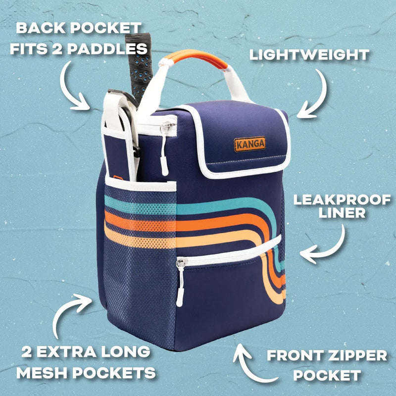 Load image into Gallery viewer, Navy blue cooler bag with colorful stripes on a light blue background, featuring text highlighting features.