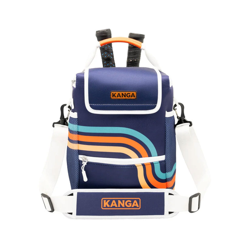 Load image into Gallery viewer, Navy backpack with colorful stripes and Kanga branding on a white background