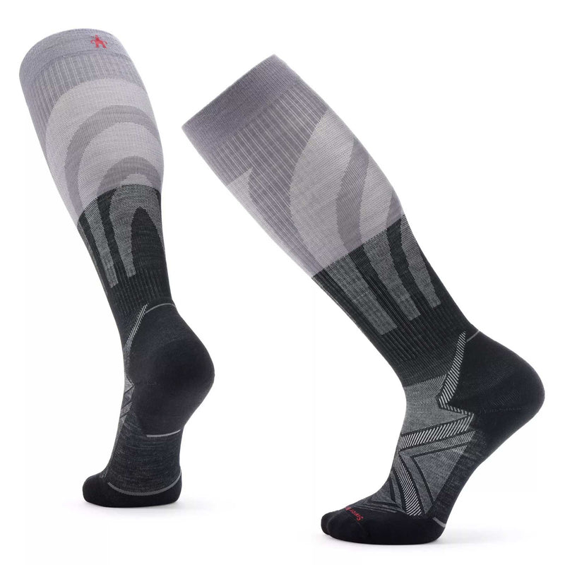Load image into Gallery viewer, A pair of Smartwool Men's Compression Run Targeted Cushion Over the Calf Socks in black, gray, and red colors with a patterned design.