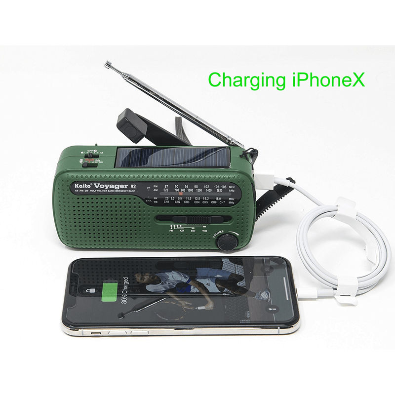 Load image into Gallery viewer, Green portable radio with charging cable for iPhone X on a white background