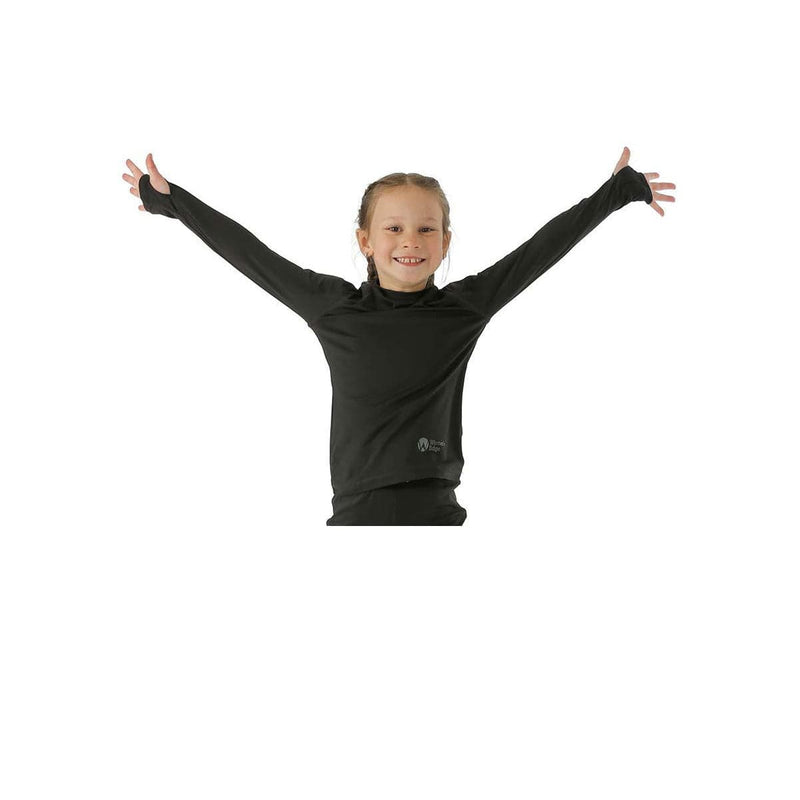 Load image into Gallery viewer, Child wearing a black long-sleeve shirt with arms outstretched on a white background