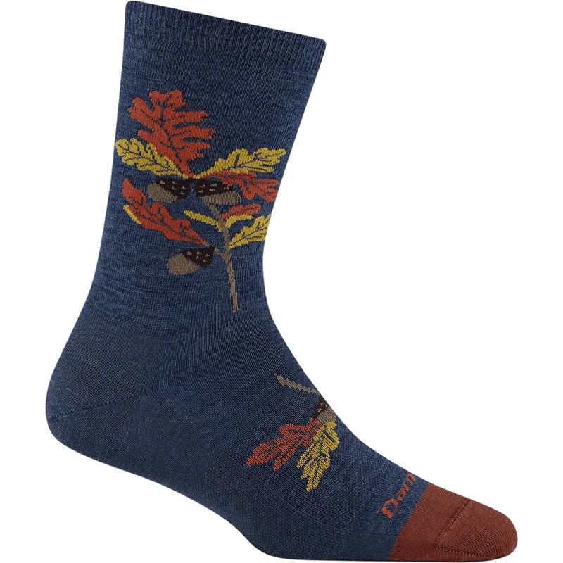 Load image into Gallery viewer, Blue sock with autumn leaf design on a white background