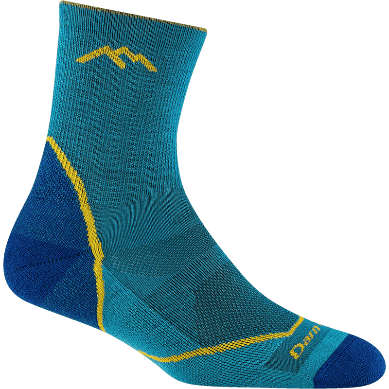 Load image into Gallery viewer, Blue and yellow sock with mountain design on a white background