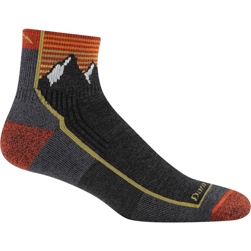 Load image into Gallery viewer, Gray hiking sock with mountain design on a white background