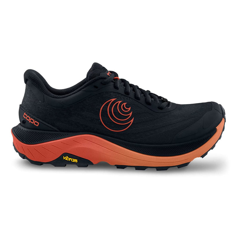 Load image into Gallery viewer, Black and orange running shoe with visible branding on a white background