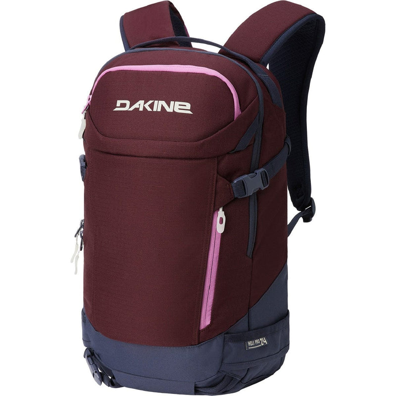 Load image into Gallery viewer, Maroon and navy backpack with pink accents and Dakine logo on a white background