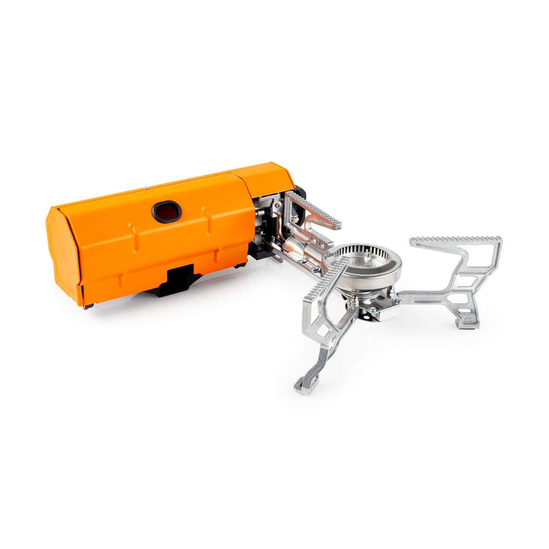Load image into Gallery viewer, Portable camping stove with orange tank and metal stove body on a white background