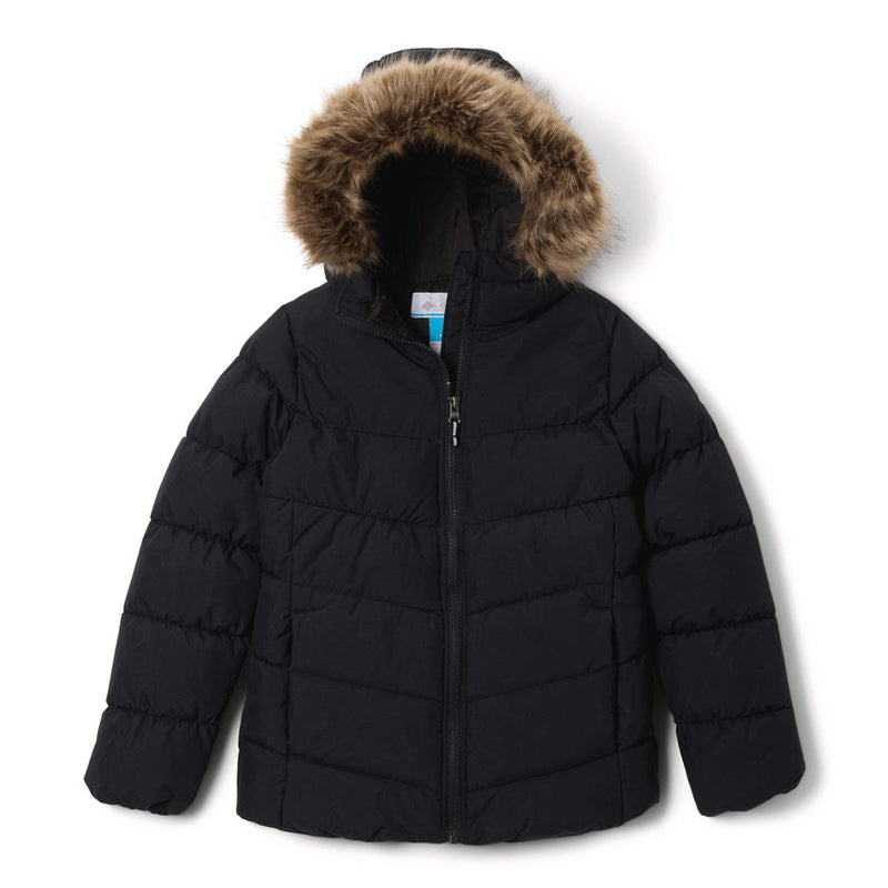 Load image into Gallery viewer, Black puffer jacket with fur-lined hood on a white background