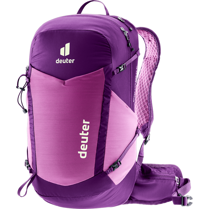 Load image into Gallery viewer, Purple and pink Deuter backpack on a white background