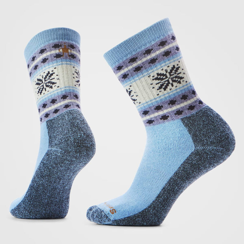 Load image into Gallery viewer, Pair of blue and gray patterned socks on a light gray background