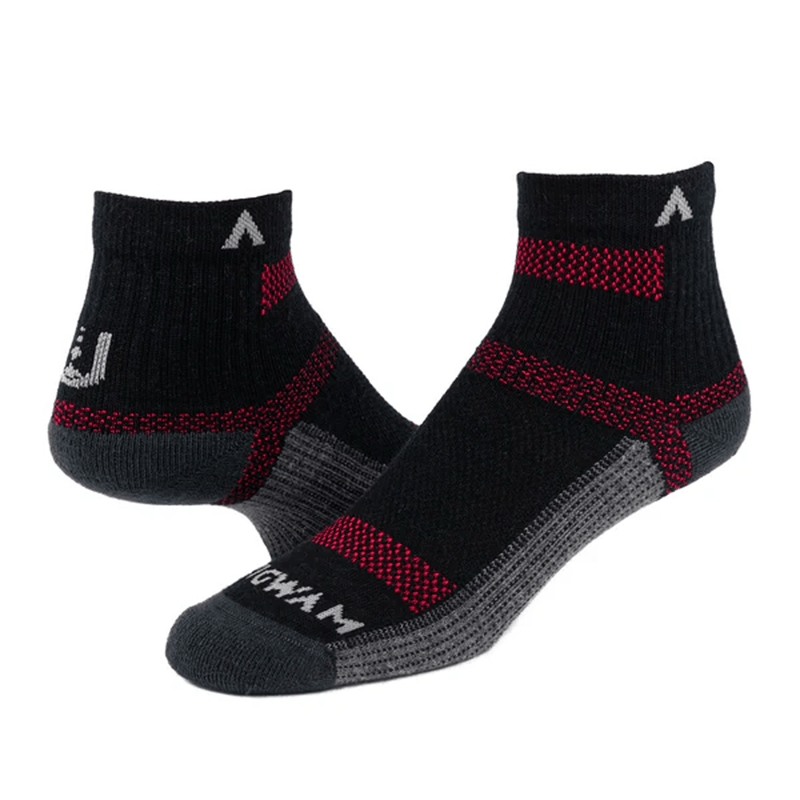 Load image into Gallery viewer, Black and gray ankle socks with red accents on a white background