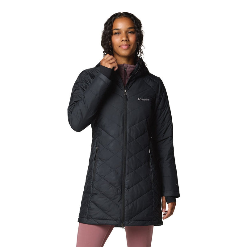 Load image into Gallery viewer, Woman wearing a black Columbia jacket on a white background
