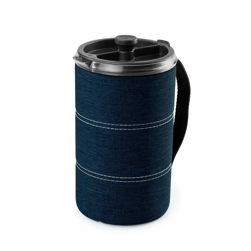 Load image into Gallery viewer, Blue insulated mug with black lid and handle on a white background