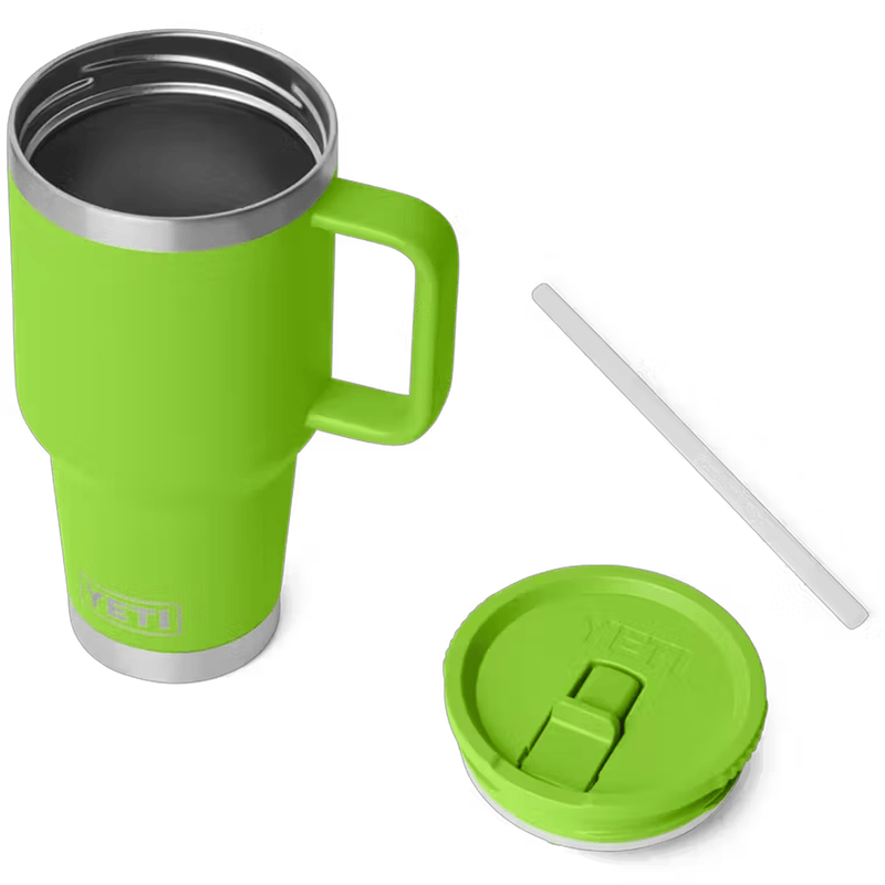 Load image into Gallery viewer, Green travel mug with handle, lid, and straw on a white background