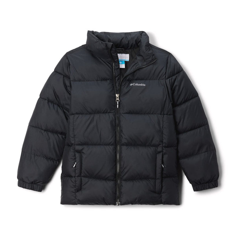 Load image into Gallery viewer, Black puffer jacket with Columbia logo on a white background