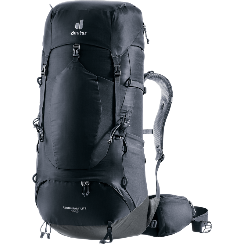 Load image into Gallery viewer, Black hiking backpack with visible Deuter logo on a white background