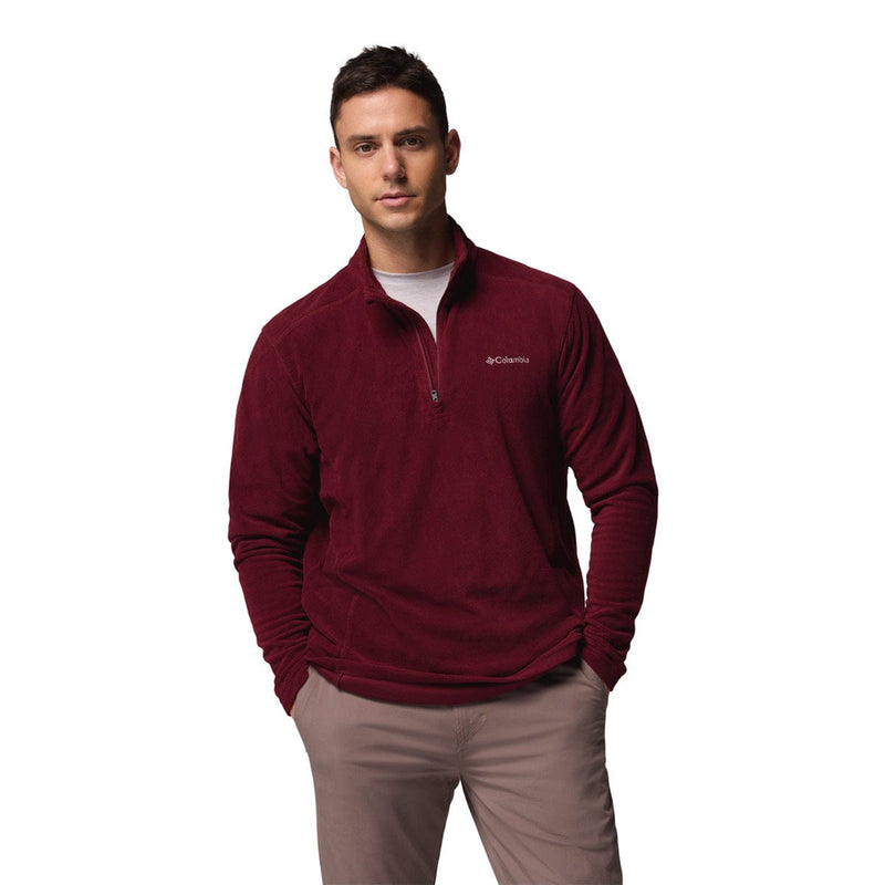 Load image into Gallery viewer, Man wearing a maroon pullover with Columbia logo on a white background