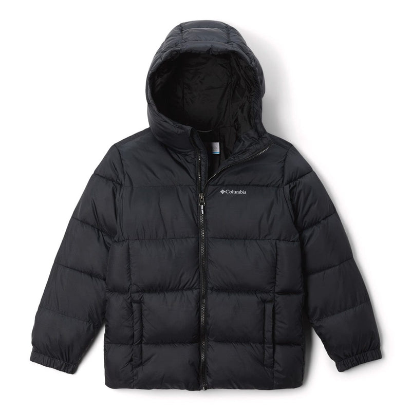 Load image into Gallery viewer, Black puffer jacket with Columbia logo on a white background