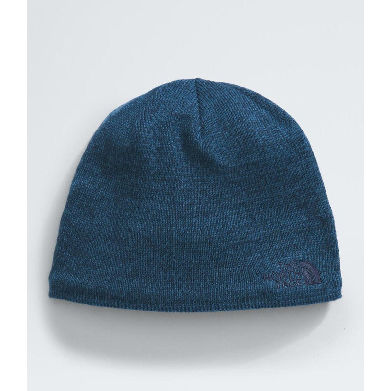 Load image into Gallery viewer, Blue knit beanie with brand logo on a white background
