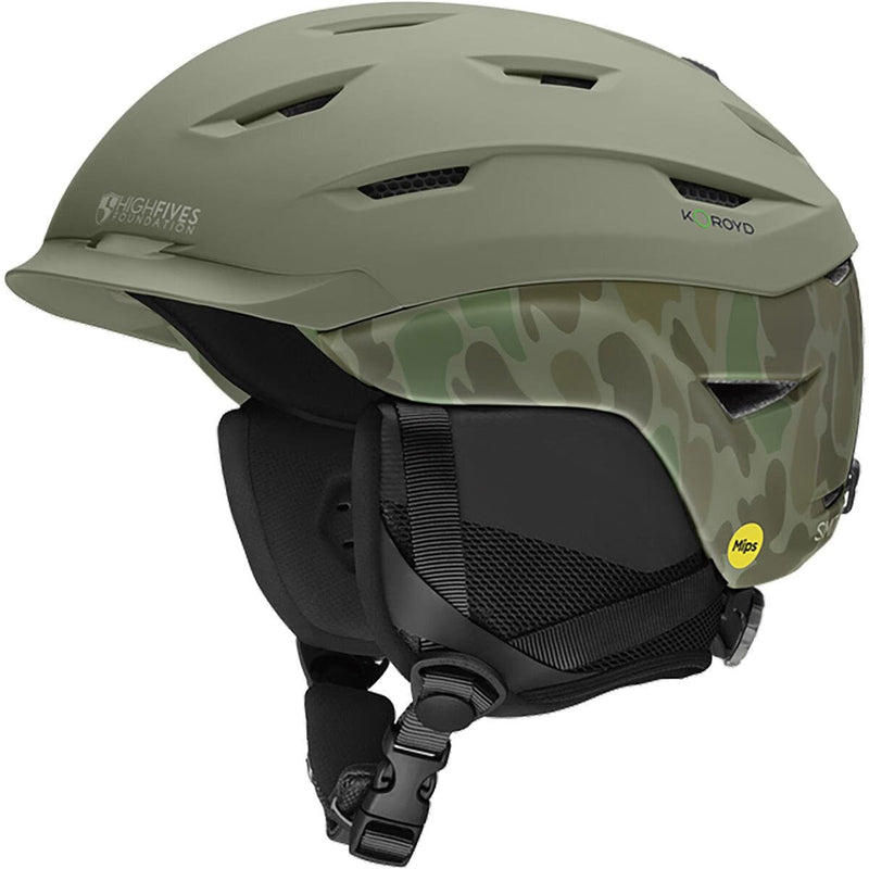 Load image into Gallery viewer, Green camouflage helmet with black interior and visible branding on a white background