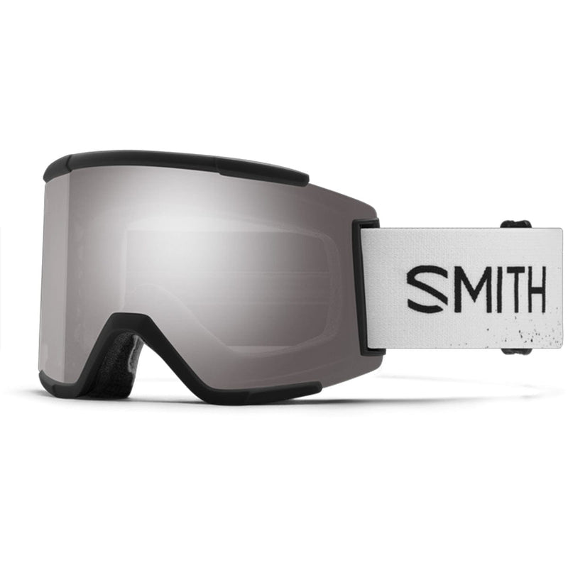Load image into Gallery viewer, Smith snow goggles with silver lens and black frame on a white background