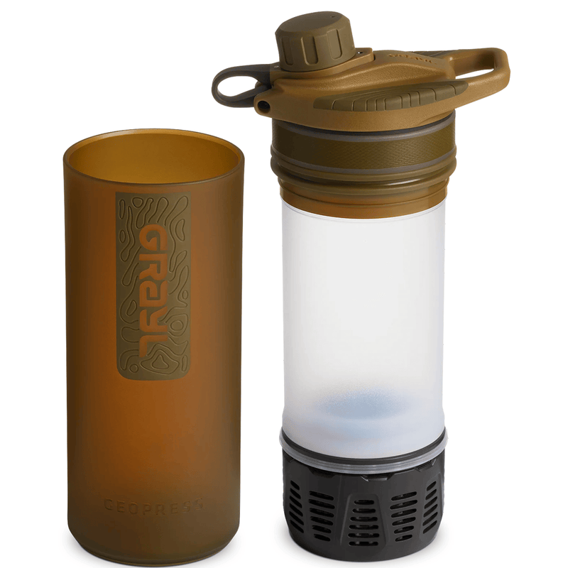 Load image into Gallery viewer, Brown water bottle with a clear filter section on a white background