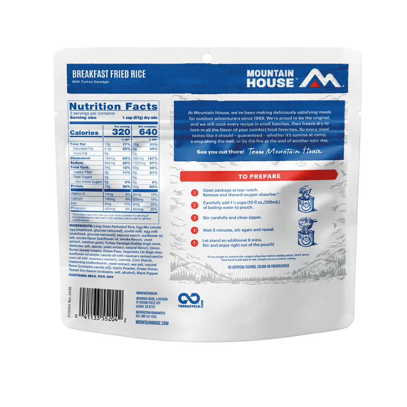 Load image into Gallery viewer, Mountain House breakfast fried rice package with nutrition facts and preparation instructions.