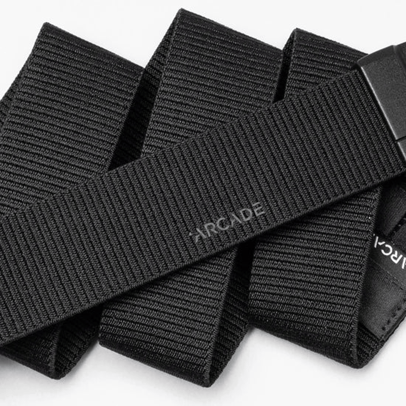 Load image into Gallery viewer, Black woven straps with 'Arcade' branding on a white background