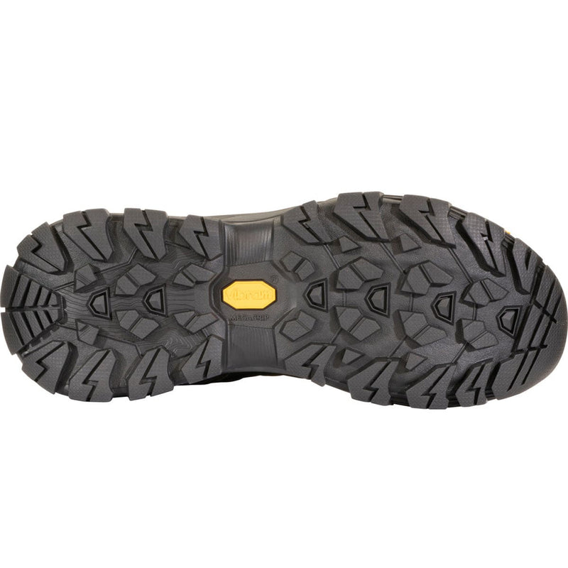 Load image into Gallery viewer, Close-up of a black hiking boot sole with a yellow label on a white background