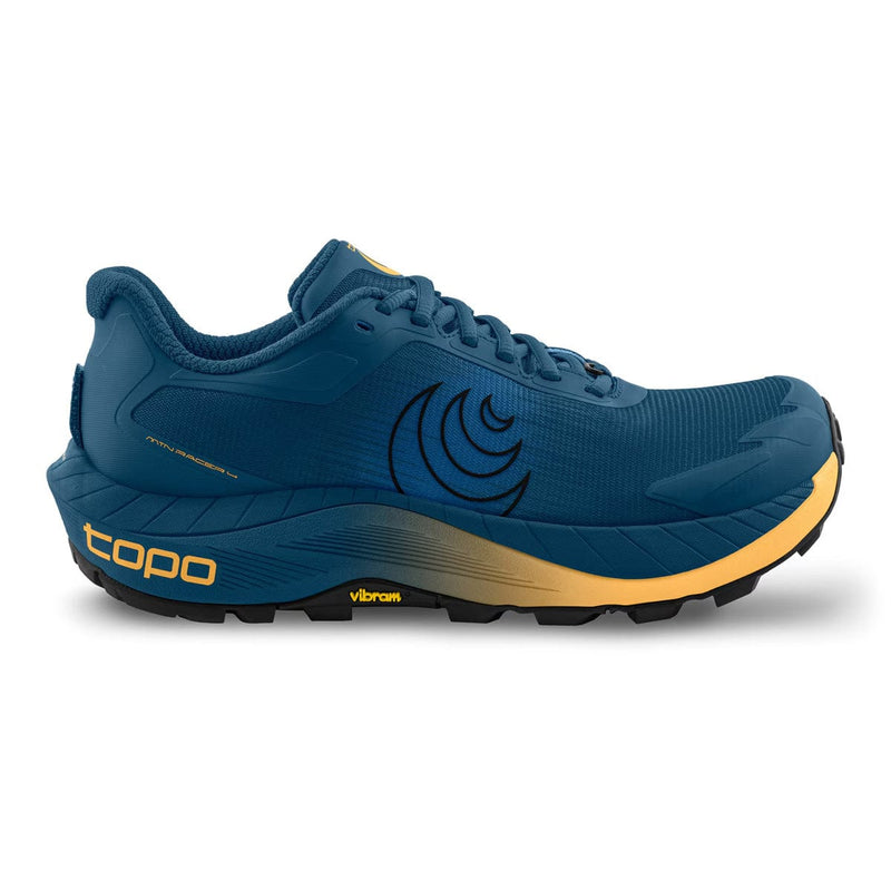 Load image into Gallery viewer, Blue running shoe with yellow accents on a white background