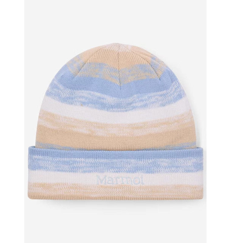 Load image into Gallery viewer, Striped beanie with blue, beige, and white colors on a white background