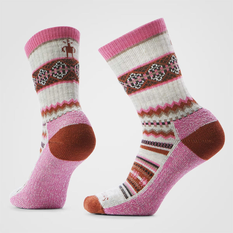 Load image into Gallery viewer, Pair of pink and brown patterned socks on a light gray background