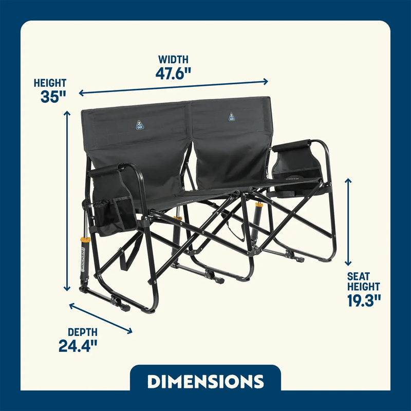 Load image into Gallery viewer, Black folding chair with dimensions labeled on a white background