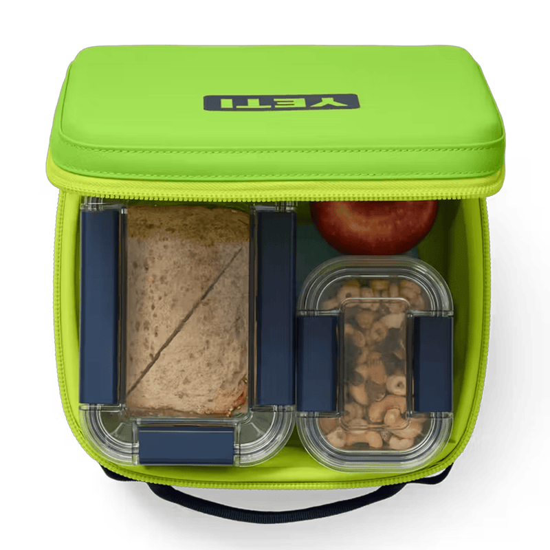 Load image into Gallery viewer, Green lunch bag with compartments containing food items on a white background