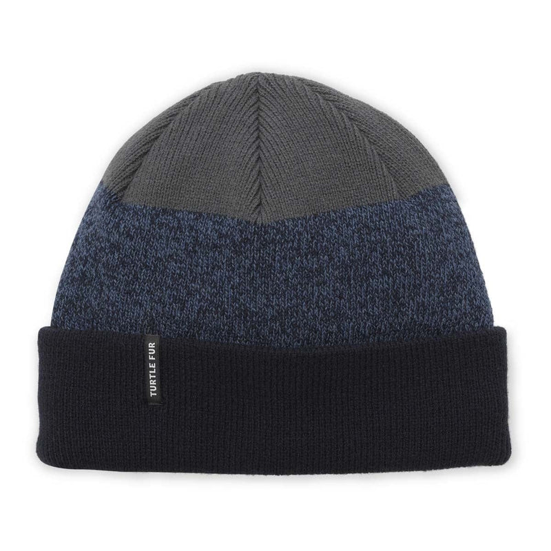 Load image into Gallery viewer, Multicolored beanie with black, blue, and gray sections on a white background