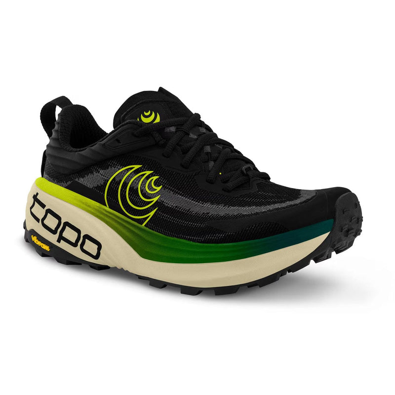 Load image into Gallery viewer, Black and green running shoe with 'topo' branding on a white background