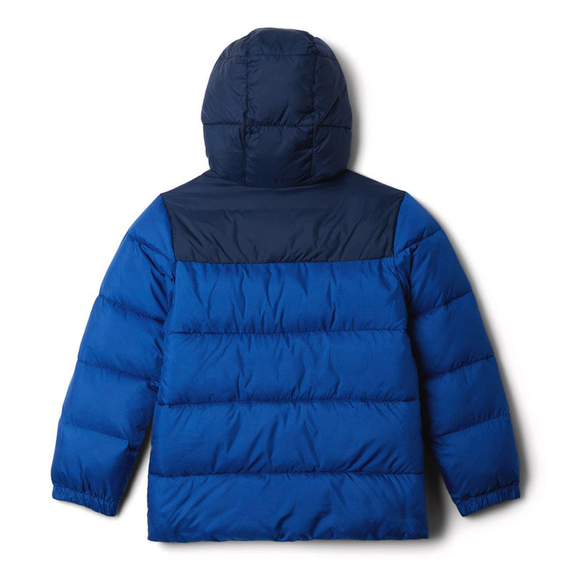 Load image into Gallery viewer, Blue puffer jacket with a hood on a white background