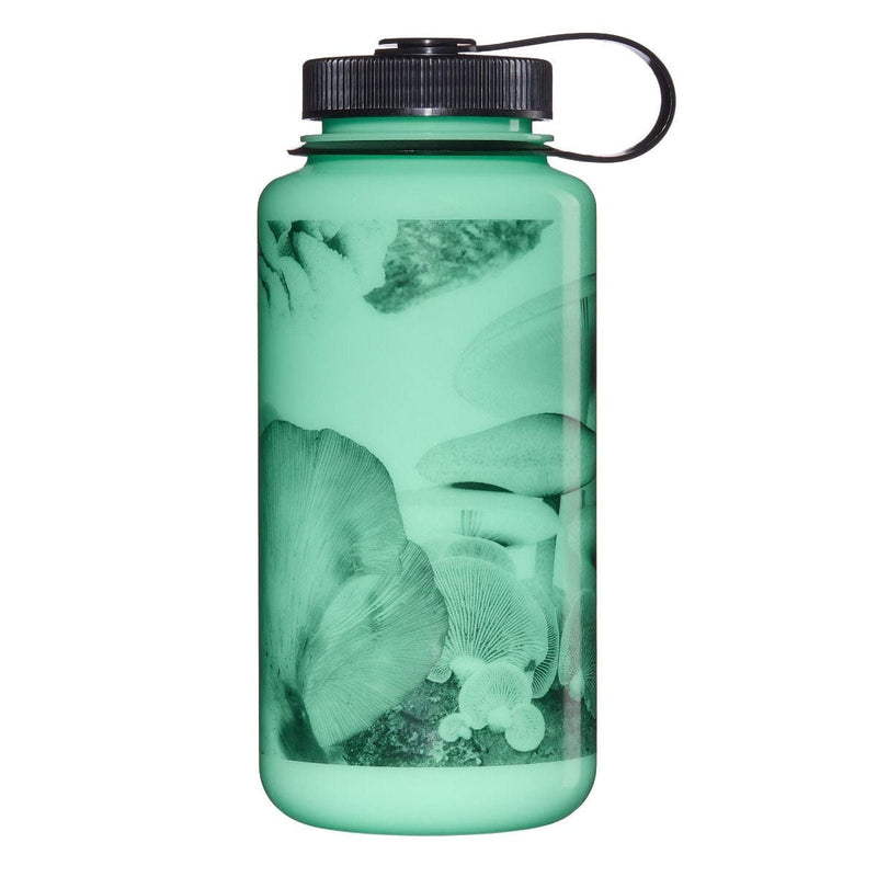 Load image into Gallery viewer, Green water bottle with mushroom design on a white background