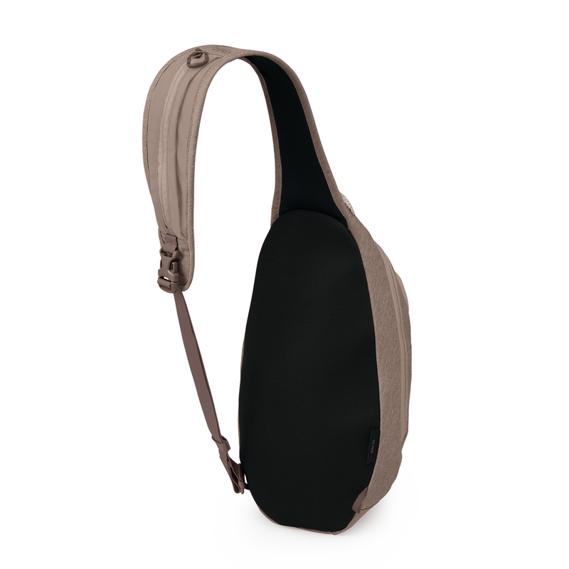 Load image into Gallery viewer, Black sling bag with brown strap on a white background