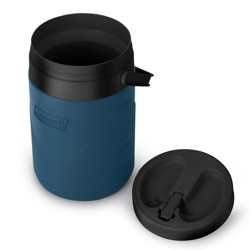 Load image into Gallery viewer, Blue insulated mug with black lid on a white background